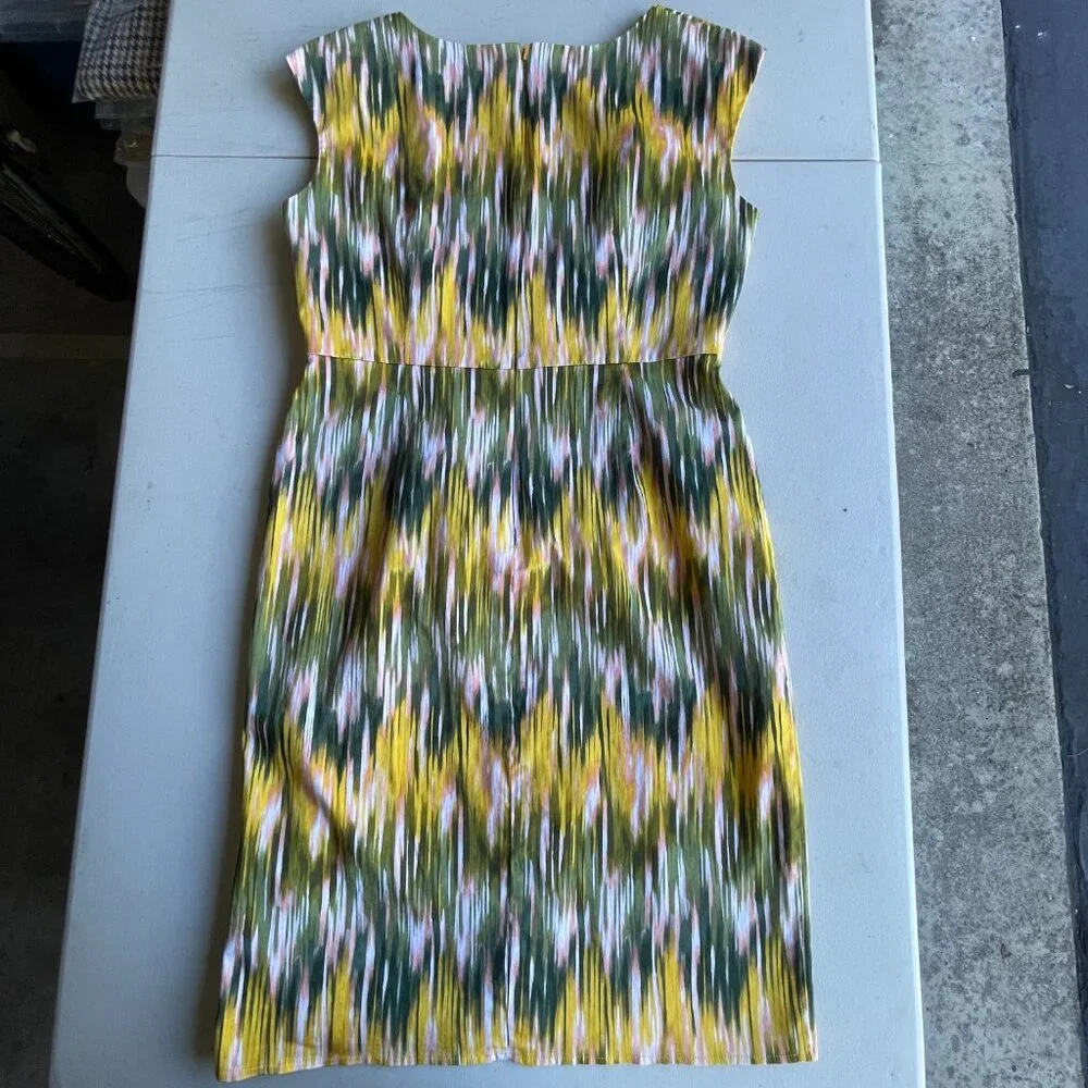Ikat Print Donna Ricco Cotton Blend Yellow Green Sheath Dress 14